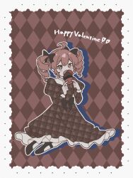  1girl ahoge alternate_costume black_bow black_shoes bow brown_dress brown_hair commentary cupcake dress drill_hair food full_body hair_between_eyes hair_bow happy_valentine highres holding holding_food kasane_teto long_sleeves looking_at_viewer ontama_carbonara open_mouth shoes solo symbol-only_commentary twin_drills utau valentine 