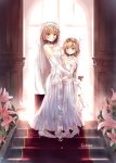  2girls alice_margatroid alternate_costume backlighting blonde_hair blue_eyes blush choker culter dress dual_persona elbow_gloves flower gloves highres hug jewelry lily_(flower) looking_at_viewer multiple_girls necklace pendant smile stairs strapless_dress tiara touhou touhou_(pc-98) veil wedding_dress white_gloves window 