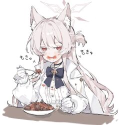  akira_(blue_archive) animal_ears blue_archive blue_bow bow cat_ears coat eating food fork gloves halo highres holding holding_fork holding_spoon light_blush long_hair looking_at_viewer oshio_(baniniwana) pasta pink_hair red_eyes shirt side_ponytail spaghetti spoon white_coat white_gloves white_shirt 