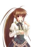  1girl brown_hair dress highres little_busters!! long_hair natsume_rin ponytail red_eyes sumire_miria 