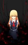  1girl angry ao_(syoulass7) arms_behind_back blonde_hair dark_background darkness dress highres long_hair ribbon rumia solo touhou 