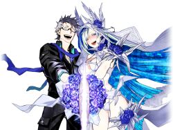  1boy 1girl aqua_hair bikini black_shirt blue_eyes blue_flower blue_hair blue_rose bracer braid breasts brynhild_(fate) brynhild_(swimsuit_berserker)_(fate) brynhild_(swimsuit_berserker)_(third_ascension)_(fate) collared_shirt colored_inner_hair cowboy_shot cross-laced_bikini cross-laced_clothes fate/grand_order fate_(series) flower game_cg glasses grey_hair holding holding_sword holding_weapon husband_and_wife large_breasts long_hair looking_at_viewer miwa_shirow multicolored_hair official_art open_mouth rose scarf shirt short_hair sigurd_(fate) sigurd_(memories_with_my_lover)_(fate) smile swimsuit sword thigh_strap third-party_source transparent_background two-tone_hair veil violet_eyes weapon white_bikini white_veil wing_ornament 