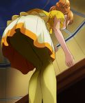  1girl brown_hair dokidoki!_precure double_bun from_below haruyama pantyhose precure short_hair solo yellow_legwear yotsuba_alice 