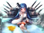  1girl alternate_hairstyle bare_shoulders blue_eyes blue_hair breasts bucket detached_sleeves hair_ornament kantai_collection long_hair onsen panties partially_submerged red_eyes sitting solo underwear water wide_sleeves xanado yamashiro_(kantai_collection) 