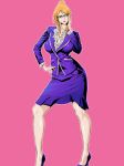  1girl bare_legs blonde_hair breasts brown_eyes contrapposto daigo formal glasses hand_on_hip high_heels highres jewelry large_breasts legs lipstick makeup necklace original shoes simple_background skirt_suit solo suit updo 
