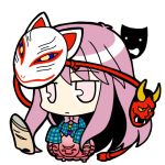  1girl chibi expressionless fox_mask hata_no_kokoro long_hair long_sleeves mask oni_mask pink_eyes pink_hair plaid plaid_shirt simple_background sleeves_past_wrists socha solo touhou white_background 