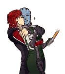  2girls alien asari blue_eyes blue_lipstick blue_skin bodysuit commander_shepard commander_shepard_(female) couple hood_down hug hug_from_behind incipient_kiss jess_(jelee) liara_t&#039;soni lipstick makeup mass_effect multiple_girls redhead short_hair tablet yuri 