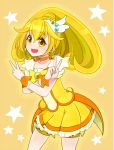  1girl bike_shorts blonde_hair choker crossed_arms cure_peace double_v dress kise_yayoi long_hair magical_girl marblewars open_mouth ponytail precure shorts_under_skirt skirt smile smile_precure! solo star tiara v wrist_cuffs yellow_background yellow_dress yellow_eyes 
