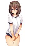  brown_hair buruma gym_uniform highres original shirt_tug thigh_gap thighs violet_eyes wakatsuki_you 