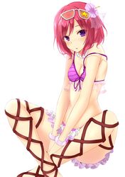  1girl between_legs bikini blush bracelet cross-laced_footwear cross-laced_sandals crossed_legs flower frilled_bikini frills full-face_blush fuuma_(humawww) hair_flower hair_ornament hand_between_legs highres jewelry looking_at_viewer love_live!_school_idol_project nishikino_maki open_mouth sandals see-through short_hair simple_background sitting strap_slip striped striped_bikini striped_swimsuit sunglasses sunglasses_on_head swimsuit white_background 