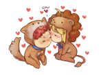  1boy 1girl =_= ahoge animal_costume bell blonde_hair blush cheek_kiss chibi chocolateonly collar couple cow_bell dog_costume emiya_shirou fate/tiger_colosseum fate_(series) heart hetero kiss lion_costume redhead saber saber_lion 