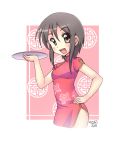  1girl brown_eyes brown_hair china_dress chinese_clothes dress open_mouth original short_hair smile solo 