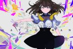  1girl black_hair breasts gatchaman_crowds gj grey_eyes ichinose_hajime pantyhose school_uniform scissors smile solo 