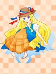  1girl barefoot blonde_hair blue_eyes checkered checkered_background dress food food_themed_clothes france fruit hat hat_ribbon highres long_dress long_hair momi_(momio08) orange orangina original personification pigeon-toed ribbon sitting smile solo sun_hat 