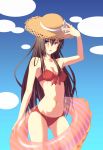  1girl bikini brown_hair esesinshi hat highres innertube long_hair original straw_hat sun_hat swimsuit violet_eyes 