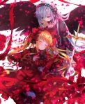  2girls black_wings blonde_hair collarbone dress flower grey_hair hairband lap_pillow lolita_fashion lolita_hairband multiple_girls petals red_rose rose rose_petals rozen_maiden shinku sleeping suigintou sword swordsouls tagme twintails violet_eyes weapon wings 