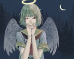  1girl angel_wings blonde_hair brown_eyes covering_mouth crescent_moon feathered_wings forest haibane_renmei halo hands_clasped moon nature night rakka sailor_collar school_uniform serafuku short_hair short_sleeves solo torisoboro wings 
