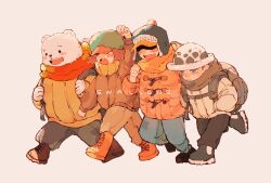  4boys aged_down akuta_ji arm_up bag bear bepo blush blush_stickers brown_coat child coat commentary_request hands_in_pockets hat highres jumpsuit looking_ahead male_focus multiple_boys one_piece orange_coat orange_jumpsuit penguin_(one_piece) scarf shachi_(one_piece) shoulder_bag smile trafalgar_law walking 