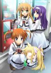  0_0 4girls arisa_bannings blue_eyes blush chibi dress fate_testarossa green_eyes hair_ribbon hairband long_hair long_sleeves lyrical_nanoha mahou_shoujo_lyrical_nanoha mahou_shoujo_lyrical_nanoha_a&#039;s multiple_girls open_mouth ribbon school_uniform sen_(astronomy) shoes short_twintails smile takamachi_nanoha tsukimura_suzuka twintails two_side_up vending_machine 