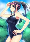  1girl black_hair blue_eyes breasts brown_eyes clouds goggles goggles_on_head nashikkoro original ponytail school_swimsuit sky solo swimsuit tree wet_swimsuit 