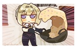  1girl blonde_hair chibi detached_sleeves emphasis_lines evelyn_chevalier food fried_rice fried_rice_prank_(meme) full_body highres lcron looking_at_viewer meme solo standing violet_eyes wok zenless_zone_zero 