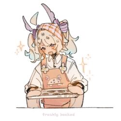  1girl :d ahoge apron blonde_hair blush bow commentary cookie english_commentary english_text enna_alouette food hair_bow head_wings holding holding_tray mika_otz nijisanji nijisanji_en oven_mitts smile solo sparkle tray twintails violet_eyes virtual_youtuber wings 