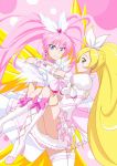  2girls blonde_hair blue_eyes carrying couple crescendo_cure_melody cure_melody cure_rhythm green_eyes hand_on_shoulder houjou_hibiki jabara921 minamino_kanade multiple_girls pink_background pink_hair ponytail precure princess_carry smile suite_precure twintails wings yuri 