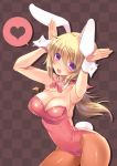 108_gou 1girl :o animal_ears blonde_hair blush bowtie breasts bunny_tail bunnysuit charlotte_dunois cleavage detached_collar heart infinite_stratos jewelry leotard long_hair necklace pantyhose rabbit_ears solo spoken_heart tail violet_eyes wrist_cuffs 