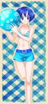  1girl 74 :d ball beachball belt bikini_top blue_hair blush circlet fire_emblem fire_emblem:_fuuin_no_tsurugi highres leg_up midriff open_mouth short_hair shorts smile solo thany 