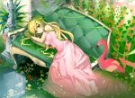  1girl bird blonde_hair breasts clenched_hand couch dress flamingo green_eyes hayama_eishi head_leaves long_hair looking_at_viewer lying on_side original pink_dress solo statue vines 