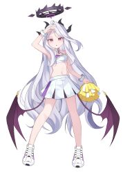  1girl absurdres ahoge alternate_costume arm_up armpits bare_shoulders blue_archive breasts cheerleader commentary_request criss-cross_halter demon_horns demon_wings detached_collar full_body halo halterneck highres hina_(blue_archive) horns long_hair looking_at_viewer low_wings millennium_cheerleader_outfit_(blue_archive) miniskirt multiple_horns navel pleated_skirt pom_pom_(cheerleading) purple_hair reihaz shoes simple_background skirt small_breasts solo sports_bra standing stomach very_long_hair violet_eyes white_background white_hair white_shoes white_skirt white_sports_bra wings wrist_cuffs 