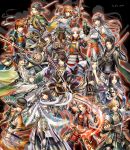  4girls 6+boys armor blonde_hair bow_(weapon) brown_hair fan flower haru_(toyst) hat headband highres hime_cut lily_(flower) long_hair multiple_boys multiple_girls official_art onimusha_soul original short_hair sword tagme tate_eboshi weapon white_hair 