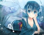  1girl blue_eyes blue_hair breasts bubble cleavage hand_on_own_face head_fins japanese_clothes long_sleeves mermaid monster_girl obi on_stomach short_hair smile solo tika_(mika4975) touhou underwater wakasagihime water wide_sleeves 