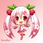  1girl artist_name benika_(benikaone) cherry chibi detached_sleeves food food_as_clothes food_themed_clothes fruit hatsune_miku headset long_hair necktie open_mouth outstretched_arms pink_hair red_eyes sakura_miku skirt solo spread_arms thigh-highs twintails very_long_hair vocaloid 