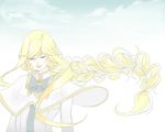  1girl alicia_florence aria blonde_hair bowtie braid capelet closed_eyes clouds lips long_hair no_hat parted_lips single_braid sky smile solo torisoboro very_long_hair 