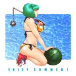  bikini breasts flail food fruit green_eyes green_hair highres kneeling shoes side swimsuit vigwer watermelon 