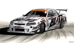  absurdres amoemo car drifting english_commentary highres logo motion_blur motor_vehicle nismo nissan nissan_skyline nissan_skyline_r34 no_humans original race_vehicle racecar shadow signature simple_background skid_mark spoiler_(automobile) sponsor vehicle_focus white_background white_car 