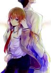  black_hair blue_eyes brown_hair hand_in_pocket holding_hands jacket labcoat makise_kurisu necktie nozaki_tsubata okabe_rintarou pantyhose shorts steins;gate 