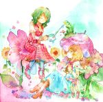  2girls alice_margatroid blonde_hair blue_eyes closed_eyes flower green_hair kazami_yuuka legomaru multiple_girls parasol skirt skirt_set sunflower touhou traditional_media umbrella watercolor_(medium) watering_can 