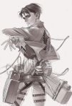  1boy from_behind highres jacket kiyo_(nbs199) levi_(shingeki_no_kyojin) monochrome shingeki_no_kyojin solo thigh_belt three-dimensional_maneuver_gear wire 