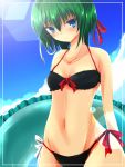  1girl alternate_costume bikini black_bikini blue_eyes blush clouds collarbone frame green_hair hair_ribbon highres innertube lens_flare looking_at_viewer navel nekominase ribbon shiki_eiki short_sleeves side-tie_bikini solo swimsuit touhou 