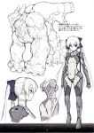  1girl artist_request ass bodysuit boots bow breasts center_opening character_request character_sheet expressionless gloves hair_bow heterochromia highres knee_boots long_hair mecha monochrome scan science_fiction sketch solo sword thigh-highs under_boob weapon 