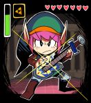  1boy a_link_to_the_past blush_stickers fusion gashi-gashi guitar hat heart instrument link master_sword pink_hair plectrum pointy_ears shield solo the_legend_of_zelda triforce user_interface 