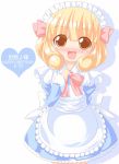  1girl alternate_costume apron blonde_hair blue_dress capelet dress enmaided happy_birthday heart kagerou_(kers) kise_yayoi long_hair long_sleeves maid maid_headdress open_mouth precure short_hair smile smile_precure! solo text yellow_eyes 