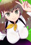  1girl :&gt; breasts brown_hair gatchaman_crowds grey_eyes ichinose_hajime large_breasts school_uniform smile solo ueyama_michirou 