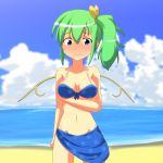  1girl beach bikini blue_bikini blue_eyes blush breasts cato_(monocatienus) cleavage clouds collarbone daiyousei embarrassed fairy_wings front-tie_top green_hair hair_ribbon navel ocean polka_dot polka_dot_bikini polka_dot_swimsuit ribbon sarong side_ponytail sky solo swimsuit touhou water wings 