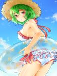 1girl alternate_costume ass blue_sky blush breasts clouds colored_eyelashes frilled_swimsuit frills green_hair hat highres innertube kazami_yuuka large_breasts looking_at_viewer looking_back open_mouth red_eyes shironeko_yuuki short_hair sky solo straw_hat sun_hat swimsuit touhou turning white_swimsuit 