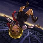  1girl blonde_hair boots hair_ribbon kurione_(zassou) open_mouth outstretched_arms red_eyes ribbon rumia short_hair skirt smile solo touhou upside-down 
