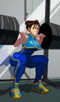  brown_hair chun-li double_bun exercise morgan_mundie muscle shoes squatting street_fighter street_fighter_zero thick_thighs thighs weights 