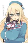 1girl atago_(kantai_collection) blonde_hair blush breasts glasses gloves green_eyes heart kantai_collection large_breasts long_hair nekoume personification solo translation_request 